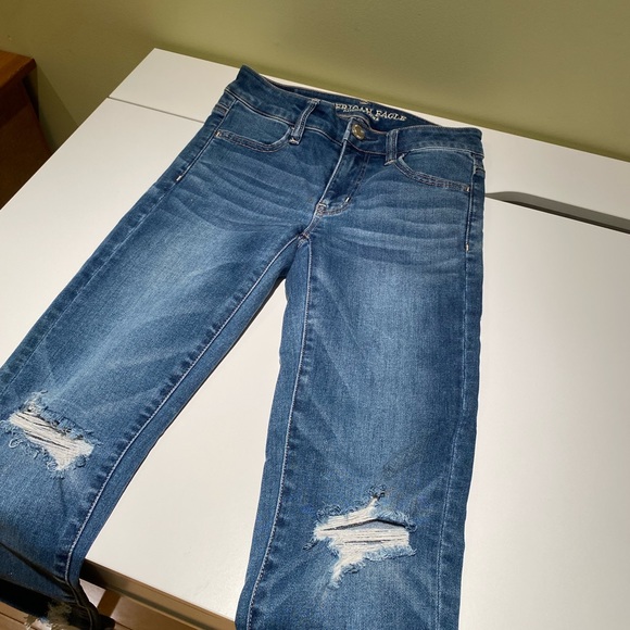 Skinny Ripped Blue Jeans Size 0 - American Eagle Outfitters Next Level Stretch - Picture 5 of 6